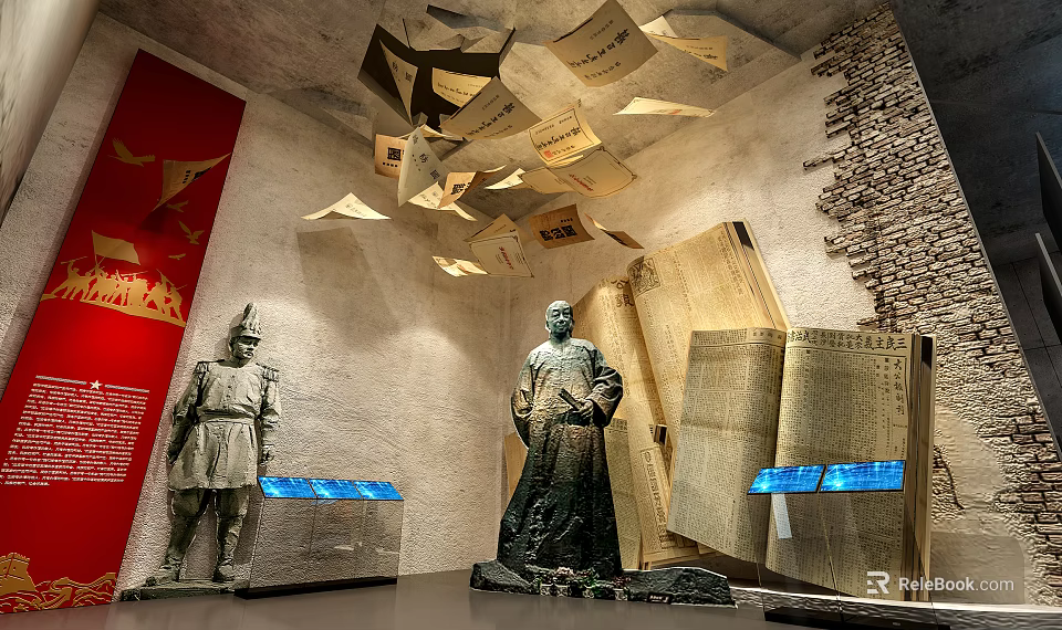 Museum Exhibit Featuring Ancient Warrior Statue Scholar Open Book Model Hanging Papers Glass Cases 3d model 