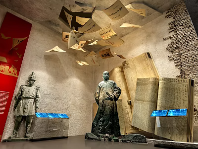 Museum Exhibit Featuring Ancient Warrior Statue Scholar Open Book Model Hanging Papers Glass Cases 3d model