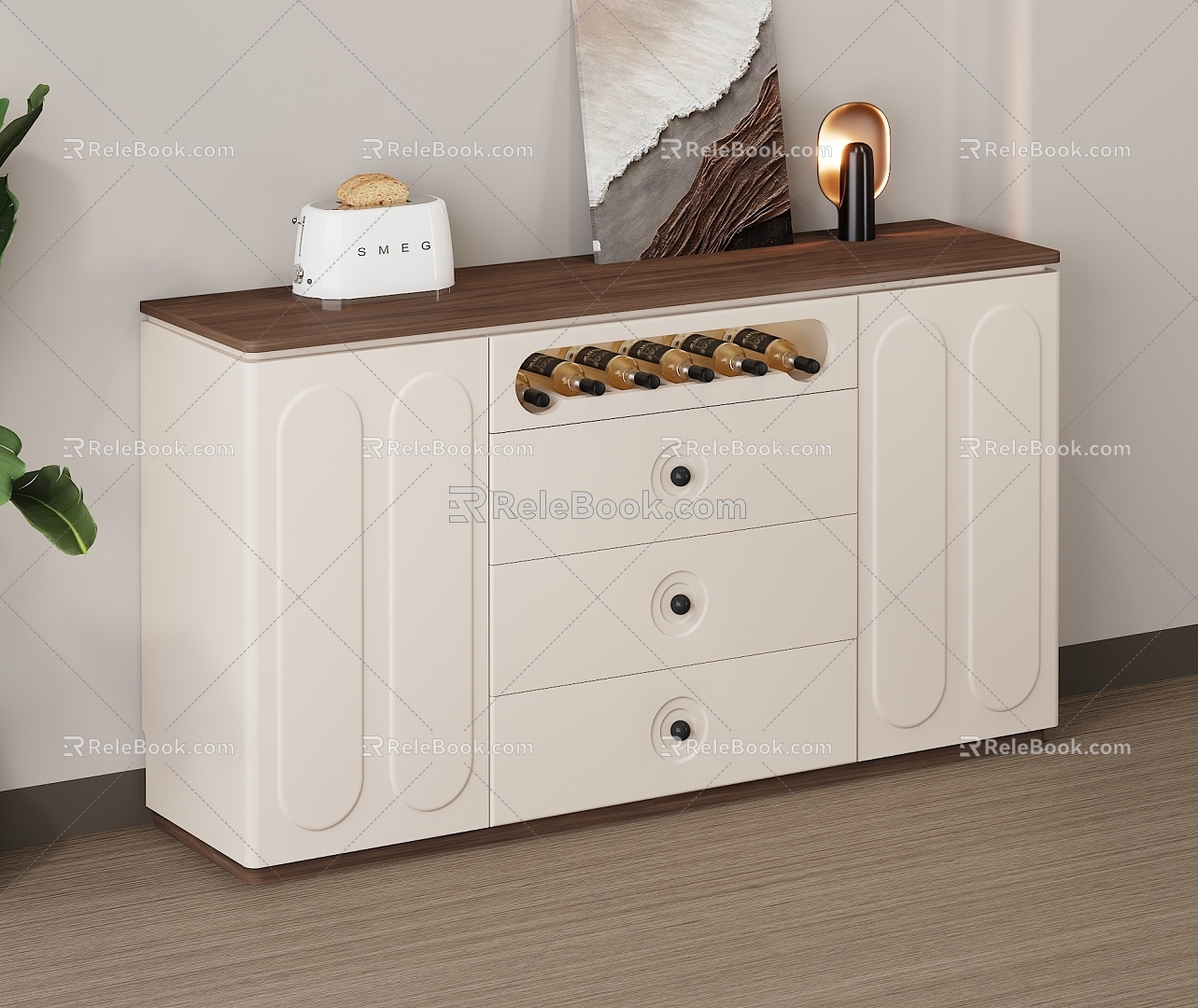 Cream Style Restaurant Sideboard Storage Cabinet Sundries Cabinet Side Cabinet Cream White Decorative Painting Green Plant Seasoning Bottle Red Wine Walnut Wood Floor Bread Machine 3d model