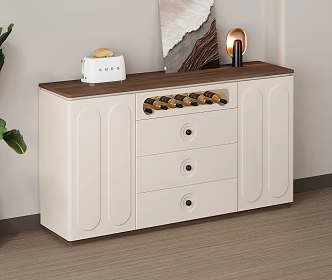 Cream Style Restaurant Sideboard Storage Cabinet Sundries Cabinet Side Cabinet Cream White Decorative Painting Green Plant Seasoning Bottle Red Wine Walnut Wood Floor Bread Machine 3d model