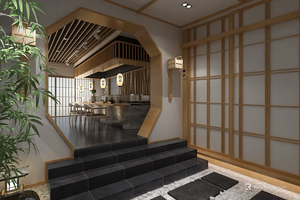 Japanese Restaurant Interior With Wooden Screens Open Bar Counter Stone Steps And Hanging Lanterns 3d model 
