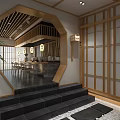 Japanese Restaurant Interior With Wooden Screens Open Bar Counter Stone Steps And Hanging Lanterns