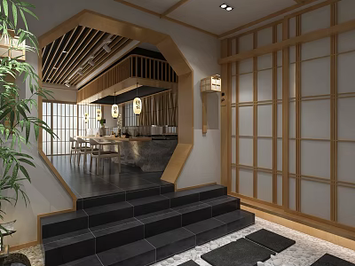 Japanese Restaurant Interior With Wooden Screens Open Bar Counter Stone Steps And Hanging Lanterns 3d model