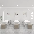 Modern Dermal Care Beauty Salon With White Interior Arch Design Reception Desk And Product Shelves