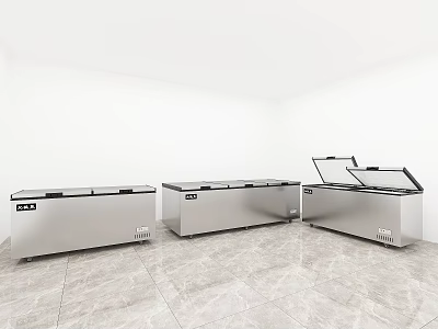Three Stainless Steel Chest Freezers in White Room with Marble Floor and Open Lid 3d model