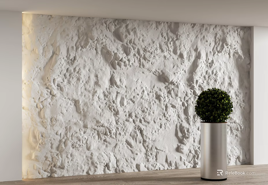 White Textured Background Wall with 3D Relief Design Illuminated by Side Lighting and Silver Planter 3d model 
