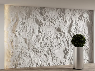 White Textured Background Wall with 3D Relief Design Illuminated by Side Lighting and Silver Planter 3d model