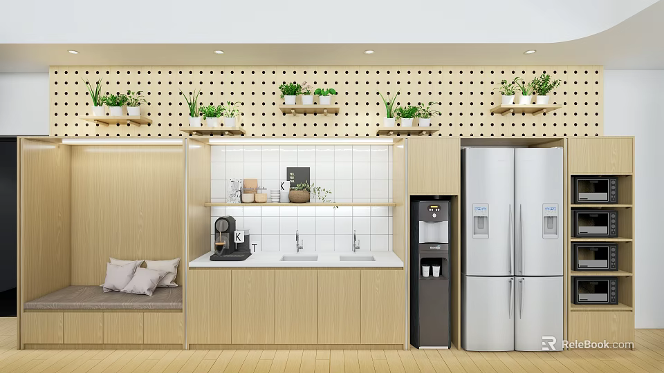 Cozy Kitchen Interior With Wooden Cabinets White Tiled Walls Potted Plants And Appliances 3d model 