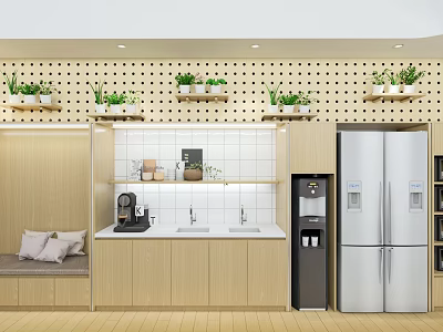 Cozy Kitchen Interior With Wooden Cabinets White Tiled Walls Potted Plants And Appliances 3d model