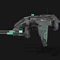 Futuristic Sci Fi Spaceship With Gray Body Green Glowing Cannons And Wings