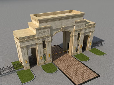 Elegant Classical Stone Arched Gate Featuring Decorative Carvings Lawns And Brick Walkway 3d model