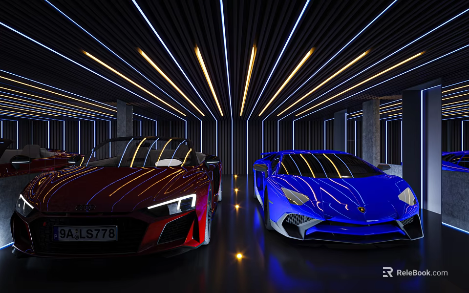 Modern Luxury Garage Interior With Red And Blue Sports Cars And Ceiling Lights 3d model 