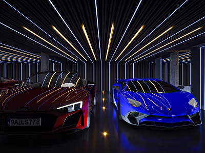 Modern Luxury Garage Interior With Red And Blue Sports Cars And Ceiling Lights 3d model