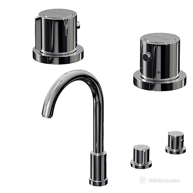 Modern Chrome Kitchen Faucet With Control Knobs And Handle Components 3d model 