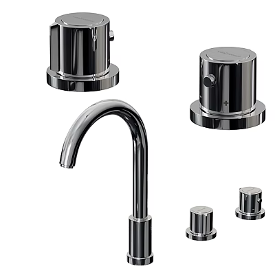 Modern Chrome Kitchen Faucet With Control Knobs And Handle Components 3d model