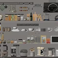 Modern Kitchen With Organized Shelves Holding Essential Appliances Microwave Coffee Maker Blender Rice Cooker