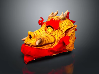 Yellow and Red Dragon Head Sculpture With Scales Horns And Flame Accents 3d model