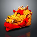 Yellow and Red Dragon Head Sculpture With Scales Horns And Flame Accents