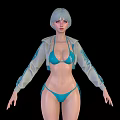 Woman With Short Gray Hair In Blue Bikini Gray Hooded Jacket Wearing Black High Heels