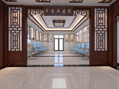 Traditional Chinese Health Center Waiting Area With Wooden Carved Frames And Benches 3d model