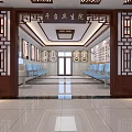 Traditional Chinese Health Center Waiting Area With Wooden Carved Frames And Benches