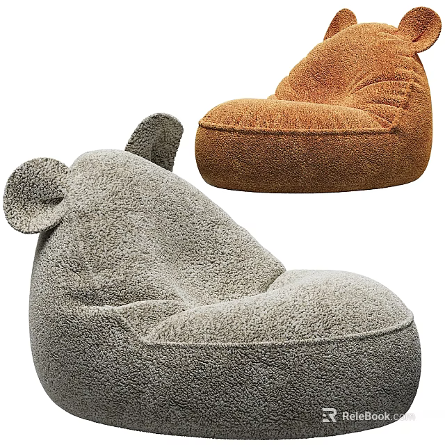 Gray And Brown Plush Bean Bag Chair With Cute Ear Design For Comfortable Seating 3d model 