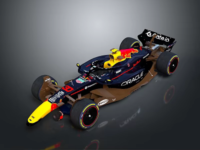 Blue And Yellow Formula 1 Race Car With Oracle Grace Logos And Red Rims 3d model