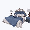 Elegant Carved Headboard Double Bed With Blue Quilt White Sheets And Bedside Table Lamps