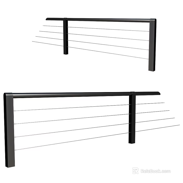 Modern Black Metal Railing Components With Horizontal Cables And Support Posts 3d model