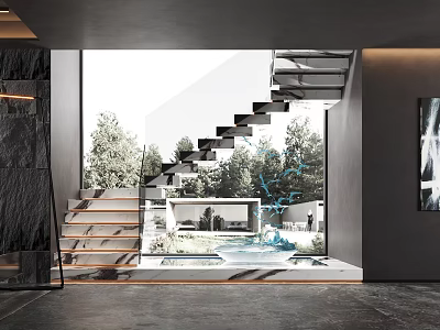 Modern Interior Staircase With Large Window Trees Blue Decorative Elements And Gray Floor 3d model