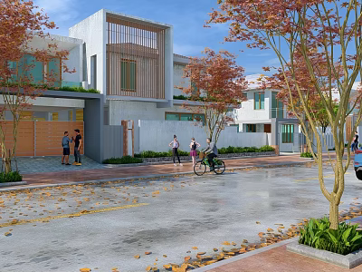 Modern Detached Villa Exterior With White Gray Facade Autumn Trees People Walking Cycling Street 3d model
