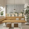 Bubble Tea Shop Interior With Natural Style Wooden Furniture And Green Plants
