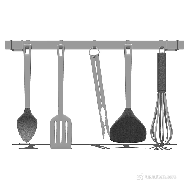 Kitchen Utensils Hanging On Rack With Spatula Ladle Whisk And Tongs 3d model 
