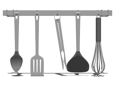 Kitchen Utensils Hanging On Rack With Spatula Ladle Whisk And Tongs 3d model