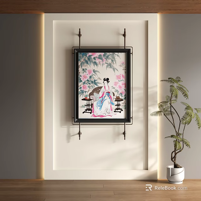 Abstract Painting Featuring Traditional Female Figure Pink Flowers On Wall With Green Plant Decor 3d model 