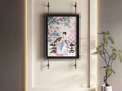 Abstract Painting Featuring Traditional Female Figure Pink Flowers On Wall With Green Plant Decor 3d model