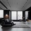Modern Living and Dining Room Interior With Open Layout Black Sofa And Large Windows