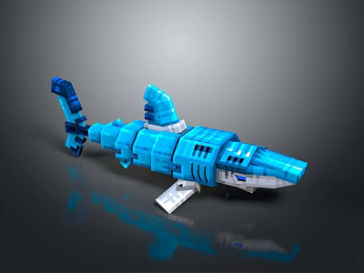 Blue Mechanical Shark Character Constructed With Building Blocks And Unique Design Details 3d model