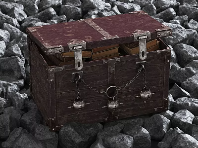 Vintage Wooden Chest With Metal Clasps And Chains On Gravel Surface 3d model