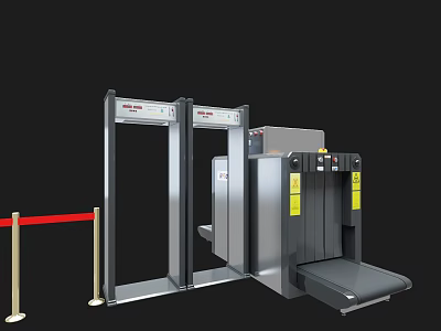 Public Facility Security Check With Metal Detector Gates X-ray Scanner And Red Barrier Ropes 3d model