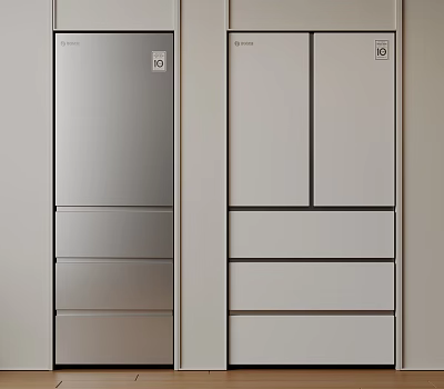 Silver And White Refrigerators With Double Door And Drawer Design For Modern Kitchen 3d model