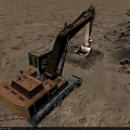 Heavy Duty Functional Vehicle Excavator With Tracked Chassis And Bucket On Sandy Terrain