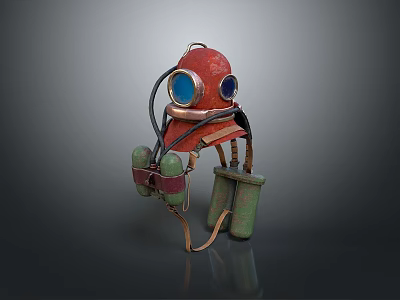 Weapon Featuring Red Body Blue Goggles Green Attachments and Metal Hoses 3d model
