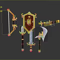 Decorative Medieval Weapons Collection Featuring Bow Shield Sword And Axe With Golden Accents