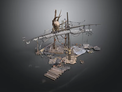 Rustic Scenic Construction With Skull Wooden Planks Ropes Metal Parts And Debris 3d model