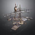 Rustic Scenic Construction With Skull Wooden Planks Ropes Metal Parts And Debris