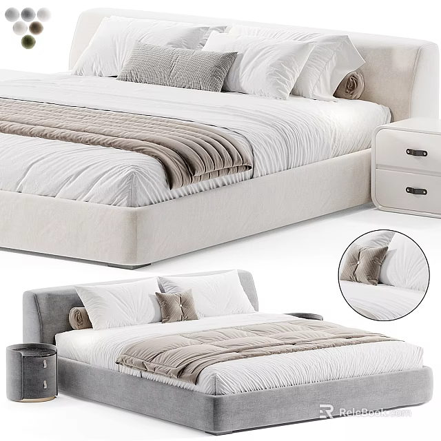Double Bed With Light Colored Design Soft Pillows Cozy Blanket And Matching Nightstand 3d model 