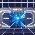 Modern Tech Style Event Entrance With HUAMI RT-AI Branding Blue Glowing Lines And Grid Background