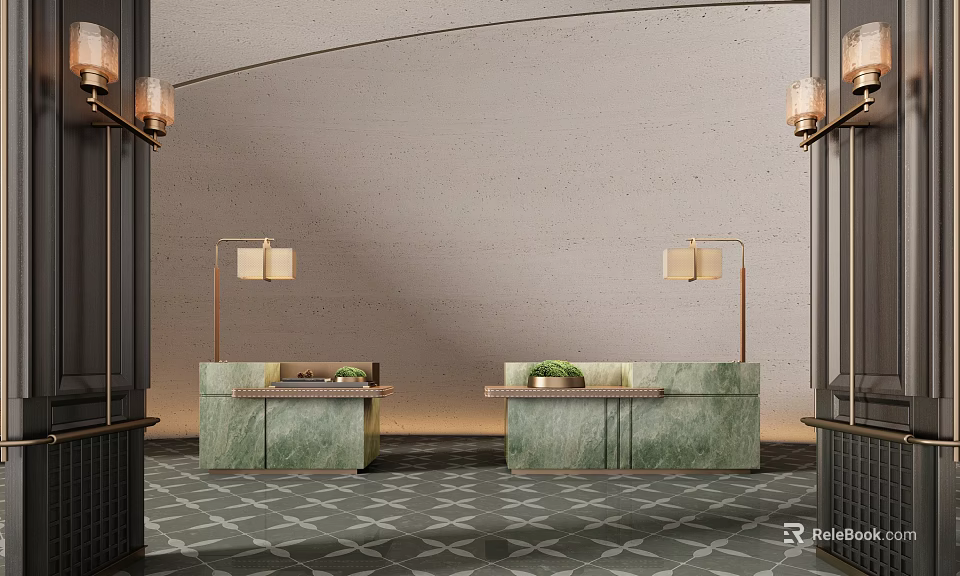 Luxury Green Marble Reception Desk With Modern Pendant Lights And Geometric Floor Tiles 3d model 