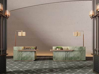 Luxury Green Marble Reception Desk With Modern Pendant Lights And Geometric Floor Tiles 3d model